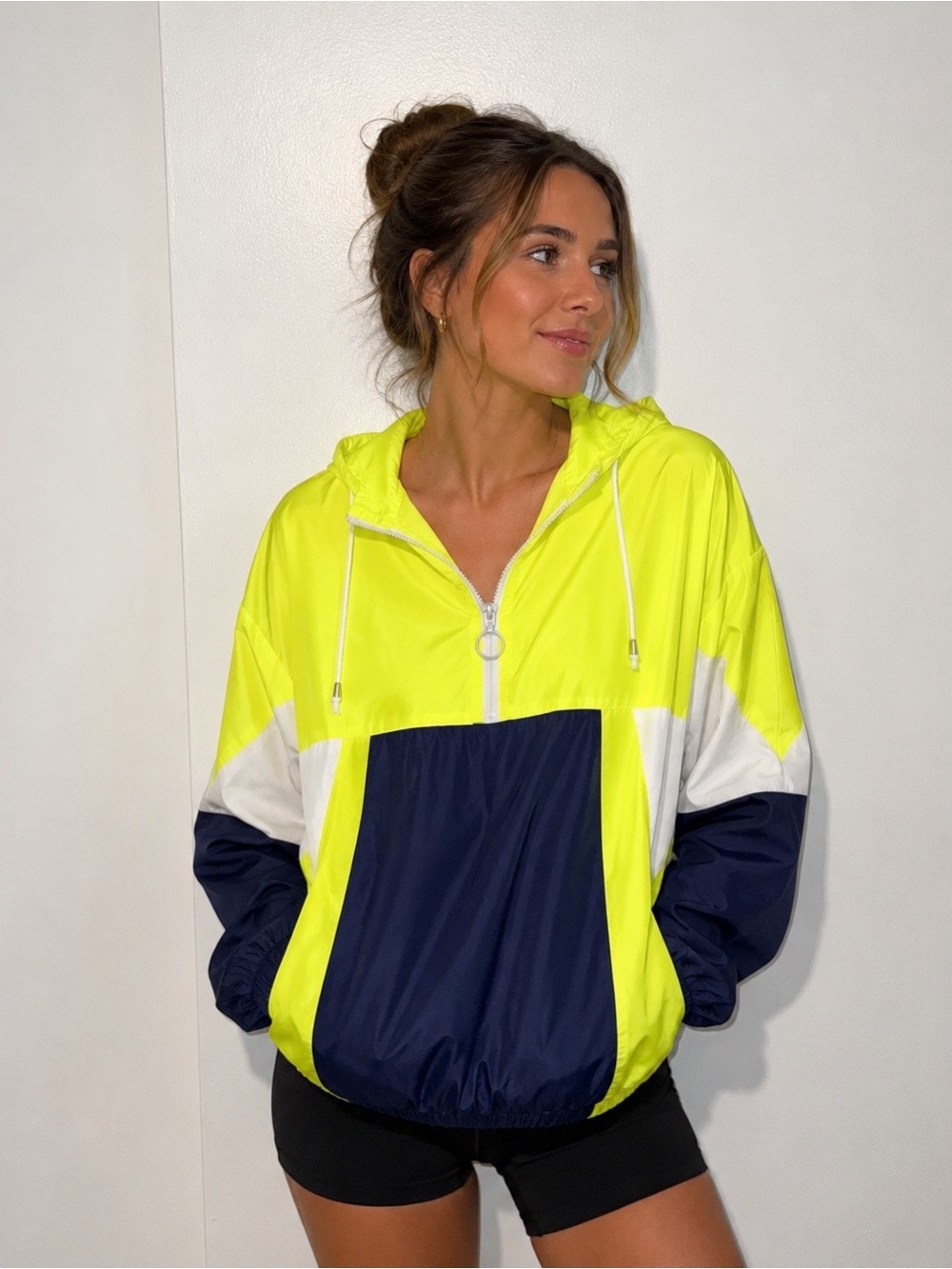 Vibrant Neon Colorblock Hooded Windbreaker Size 1X